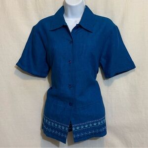 G-125 Dressbarn Blue 100% Linen Embroidered & Beaded Short Sleeve Blouse Size 6